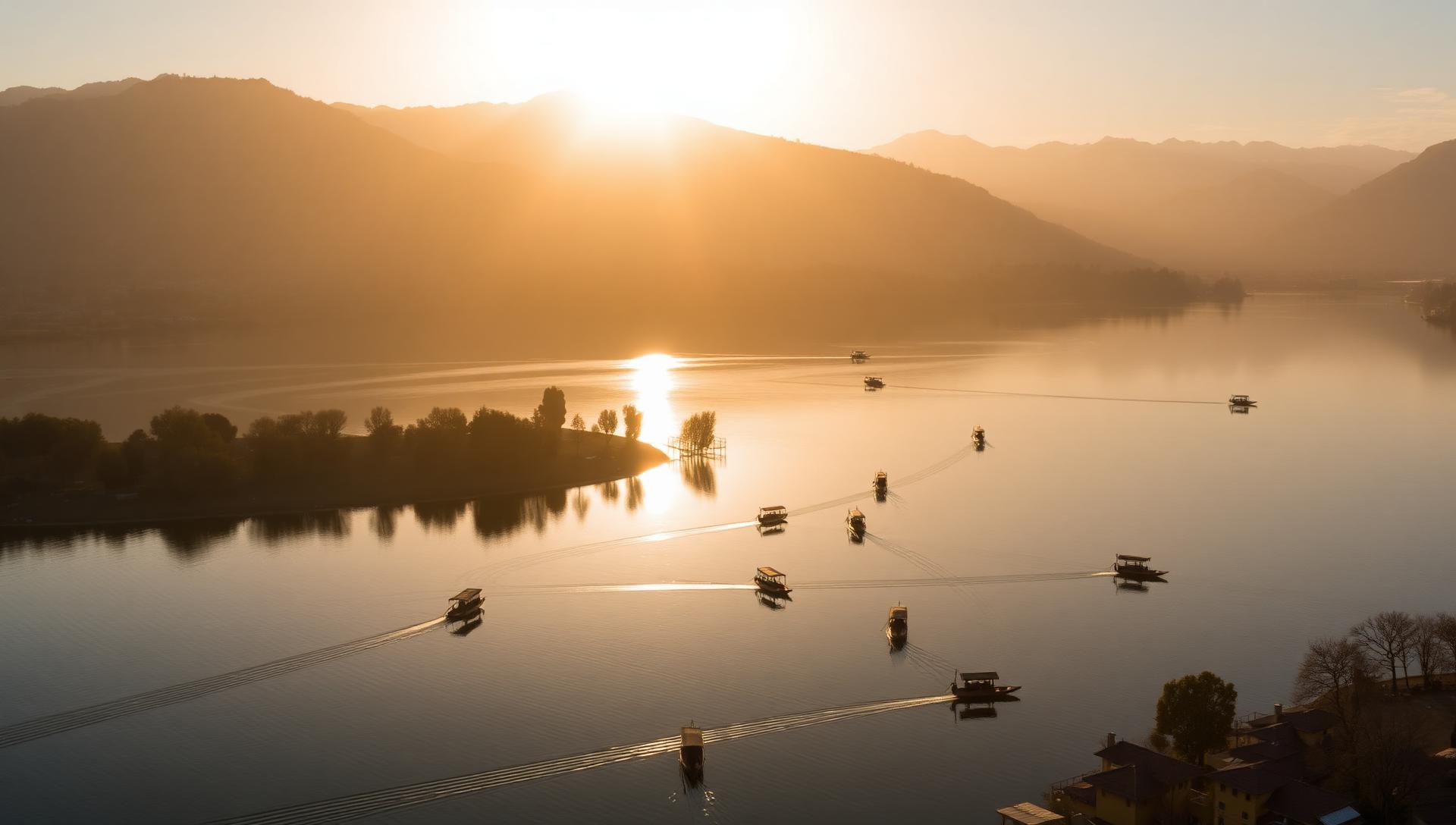 Sunset over Dal Lake with shikaras